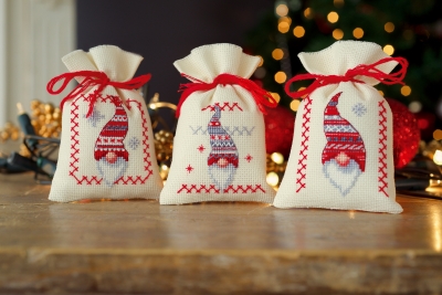 Christmas Gnomes Bags - Set of 3 - Cross Stitch Kit