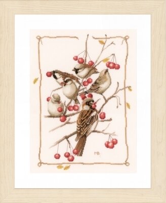 Sparrow with Red Berries - Cross Stitch Kit, zoomed in. Select this picture to zoom back out.