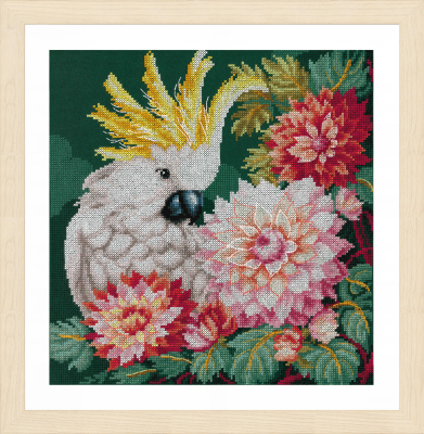 Cockatoo's Dahlias - Cross Stitch Kit, zoomed in. Select this picture to zoom back out.