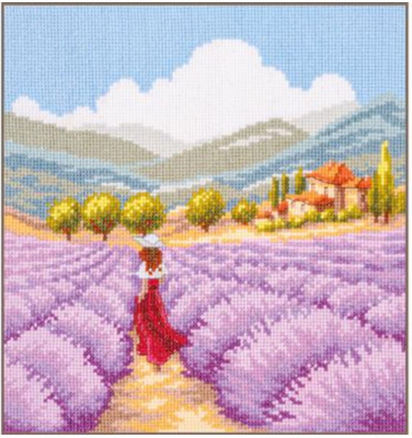 Lavender Landscape - Cross Stitch Kit, zoomed in. Select this picture to zoom back out.