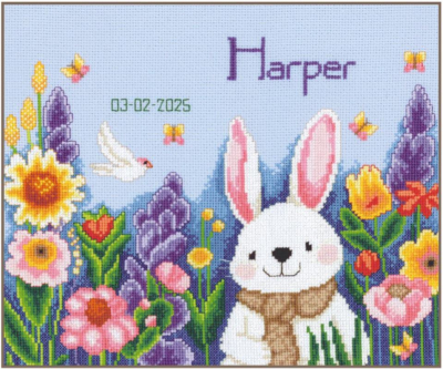 Rabbit In The Garden Birth Announcement - Cross Stitch Kit