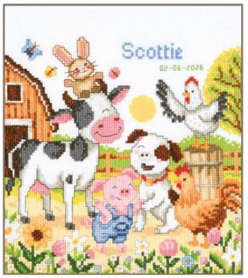Farm Animals Birth Announcement - Cross Stitch Kit, zoomed in. Select this picture to zoom back out.