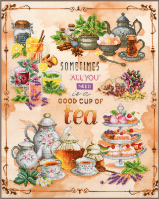 Tea Lover's Delight - Cross Stitch Kit, zoomed in. Select this picture to zoom back out.