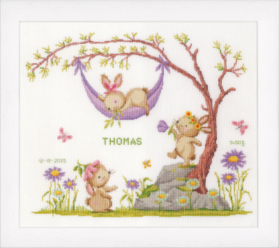 Bunnies in the Garden Birth Announcement - Cross Stitch Kit