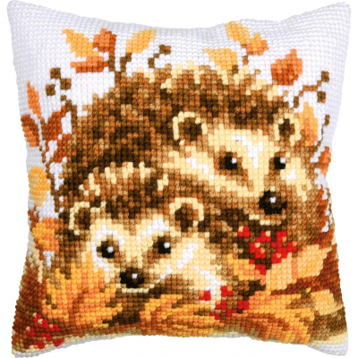 Hedgehogs in Autumn Cushion - Cross Stitch Kit, zoomed in. Select this picture to zoom back out.