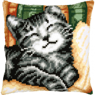 Cat With Book Cushion - Cross Stitch Kit, zoomed in. Select this picture to zoom back out.
