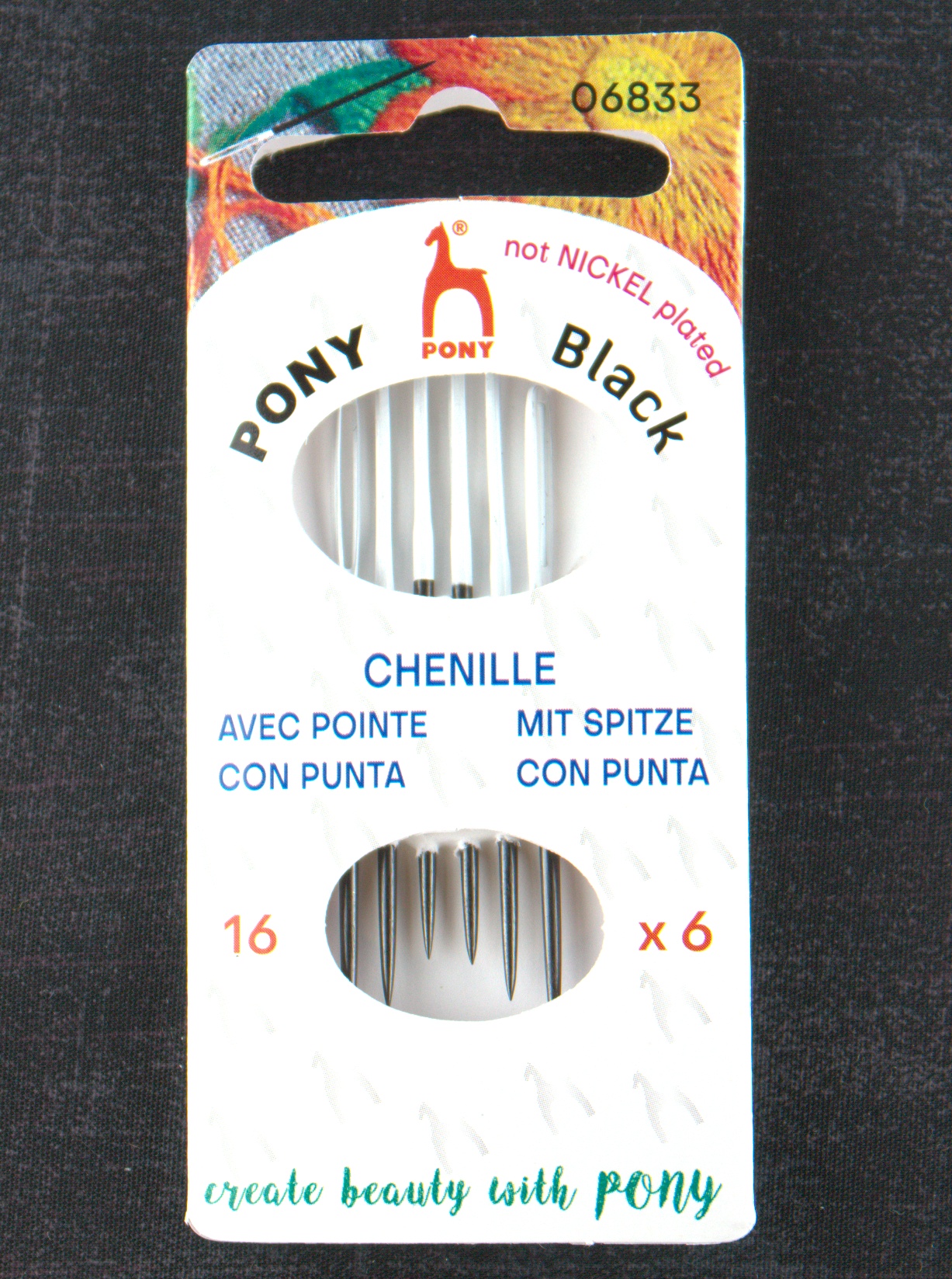 Pony Black Chenille Needles - White Eye - Size 16