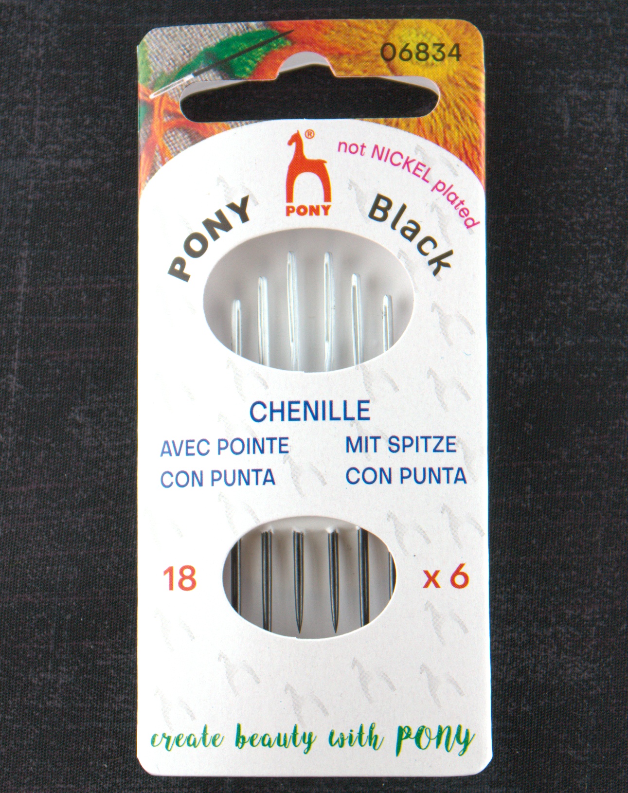 Pony Black Chenille Needles - White Eye - Size 18