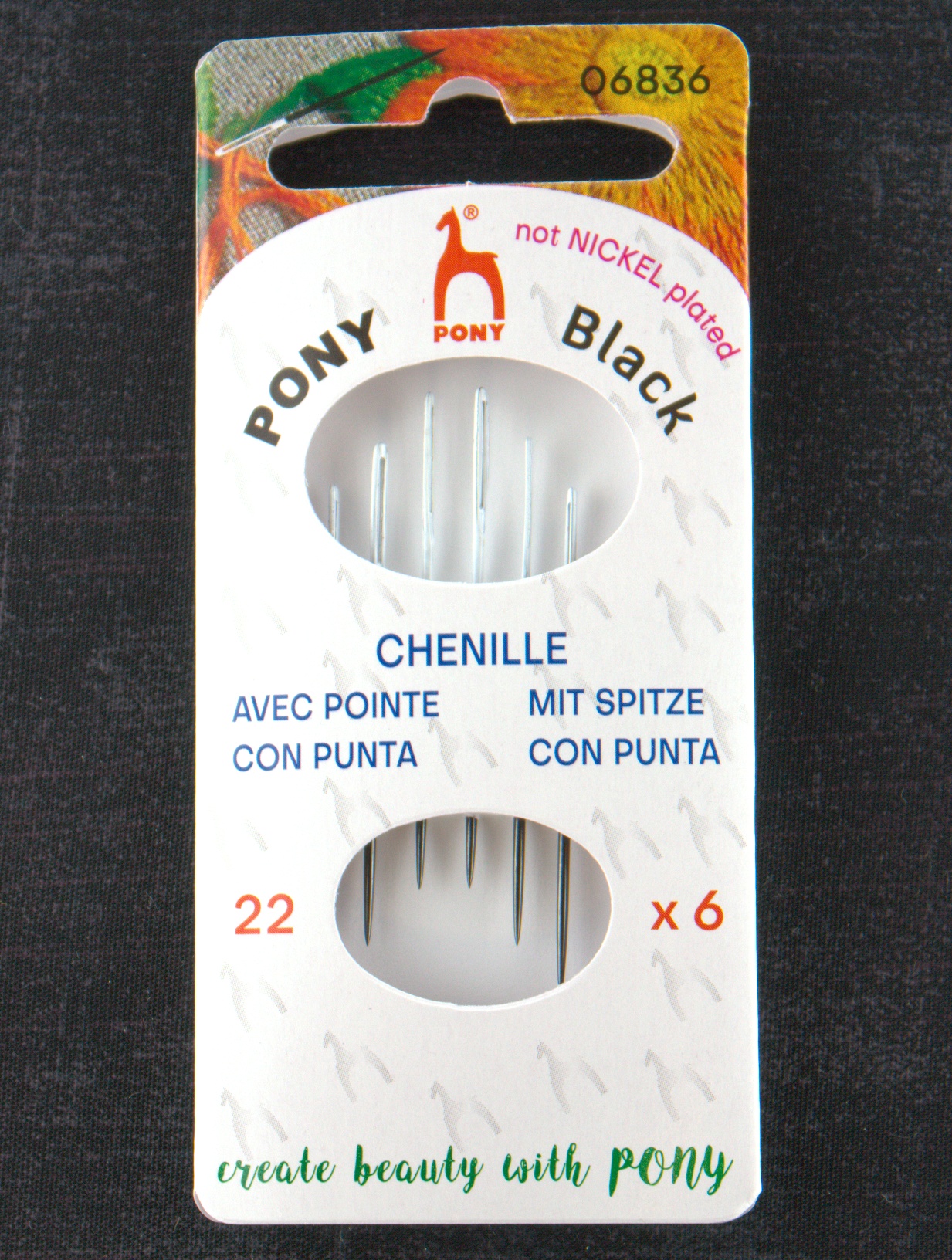 Pony Black Chenille Needles - White Eye - Size 22