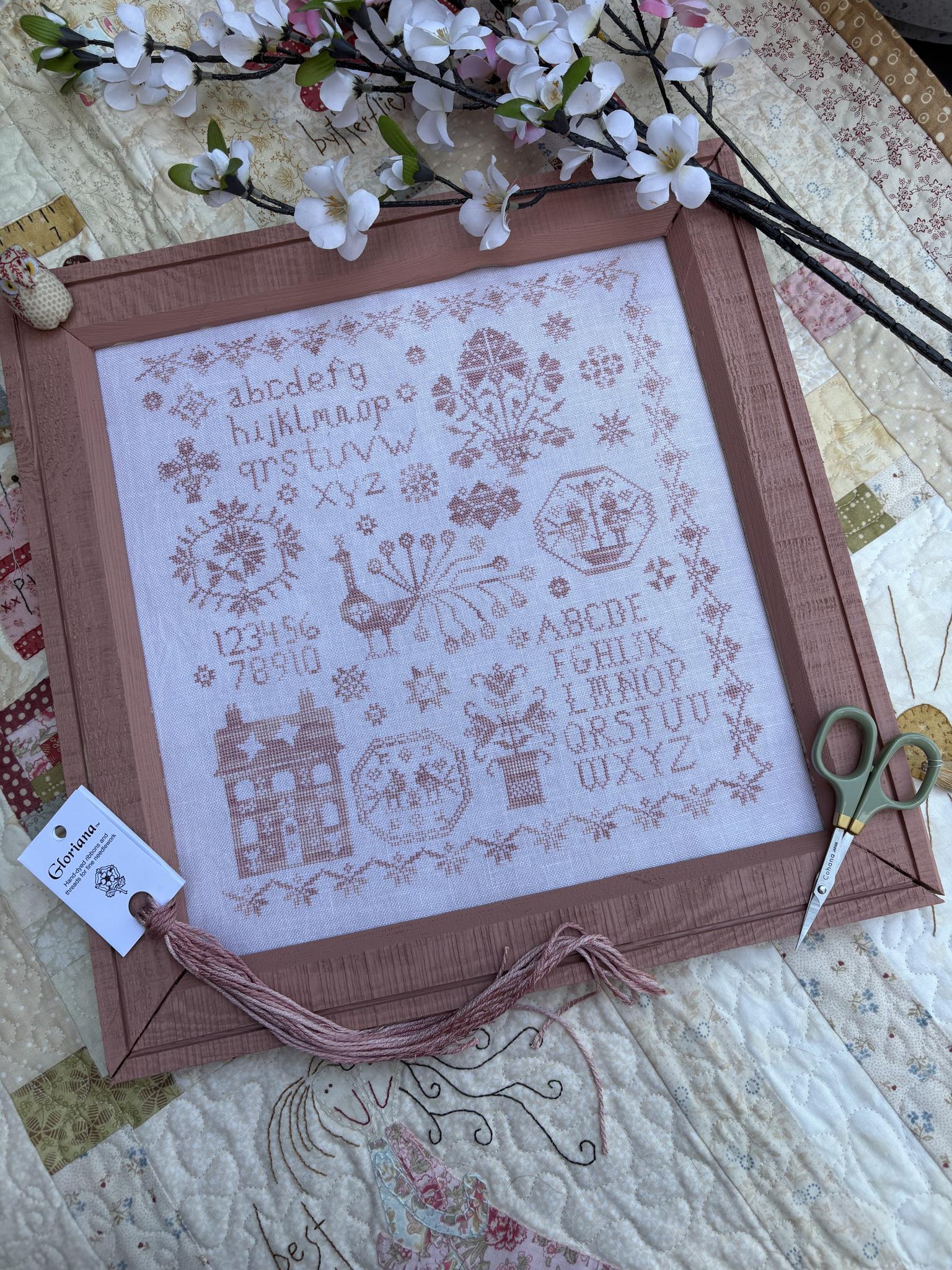 Pink Peacock Sampler - Cross Stitch