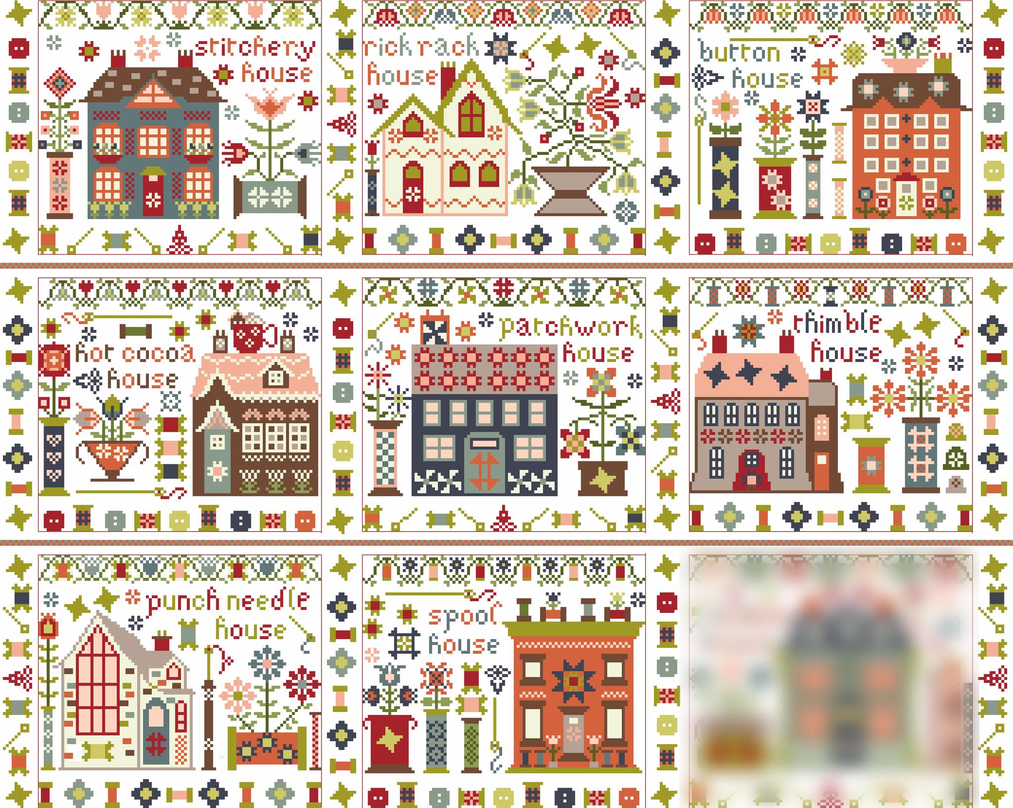 Houses on Stitchery Lane: Stitchery House - Cross Stitch, different perspective #1, zoomed in. Select this picture to zoom back out.