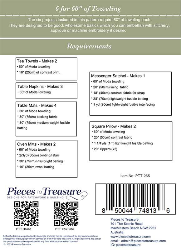 6 for 60" of Toweling - Sewing Pattern