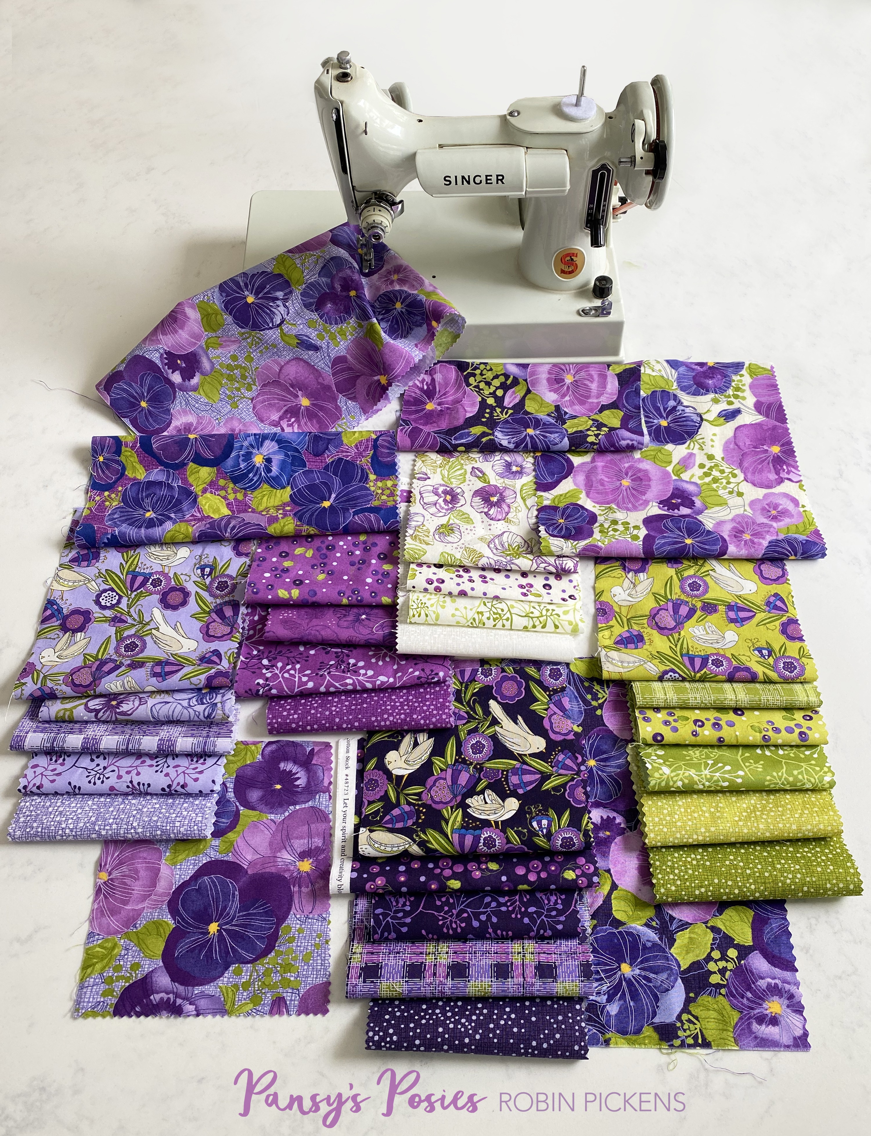Pansys Posies Plum - Pansies Watercolor Lines - Quilt Fabric