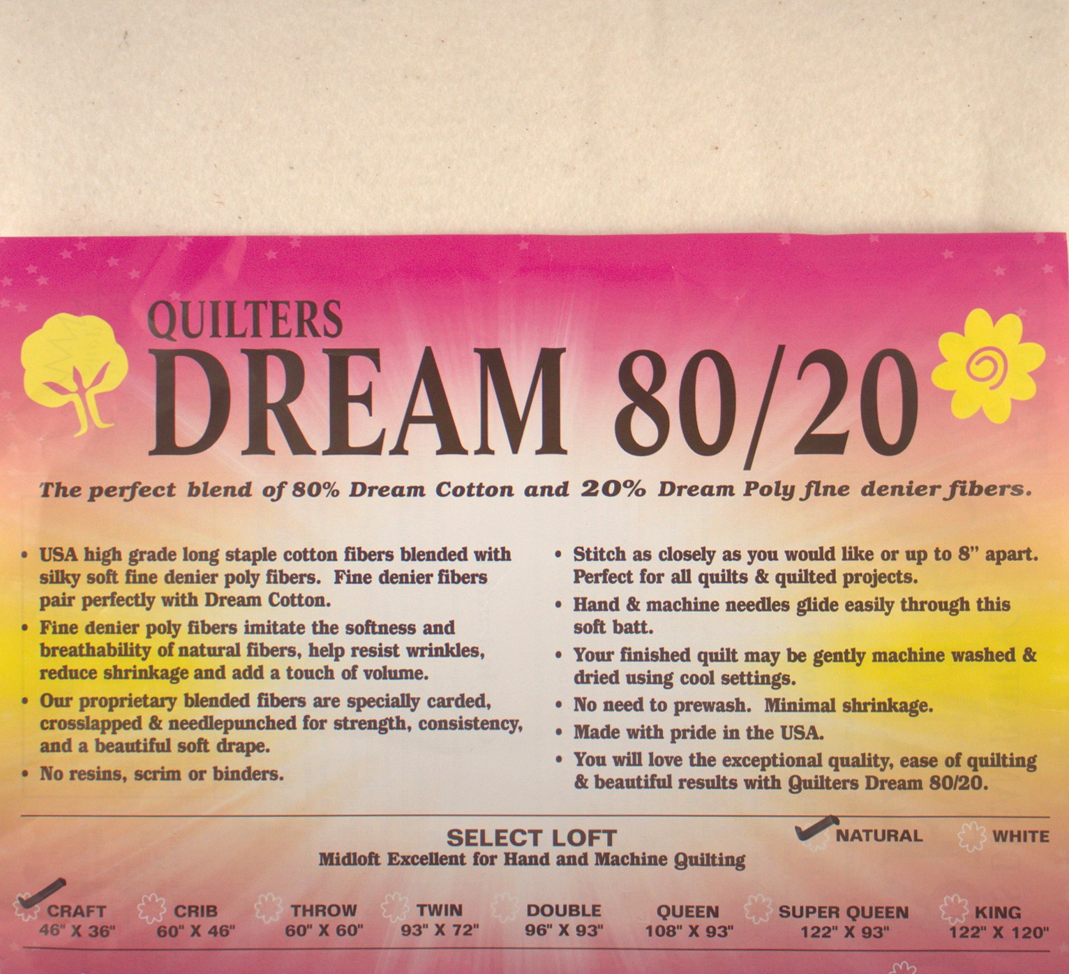 Natural 80/20 Select - Mid Loft Craft - Quilt Batting