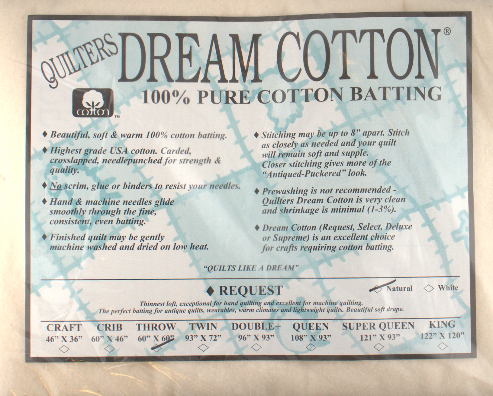 Natural Cotton Request - Low Loft Super Queen Quilt Batting