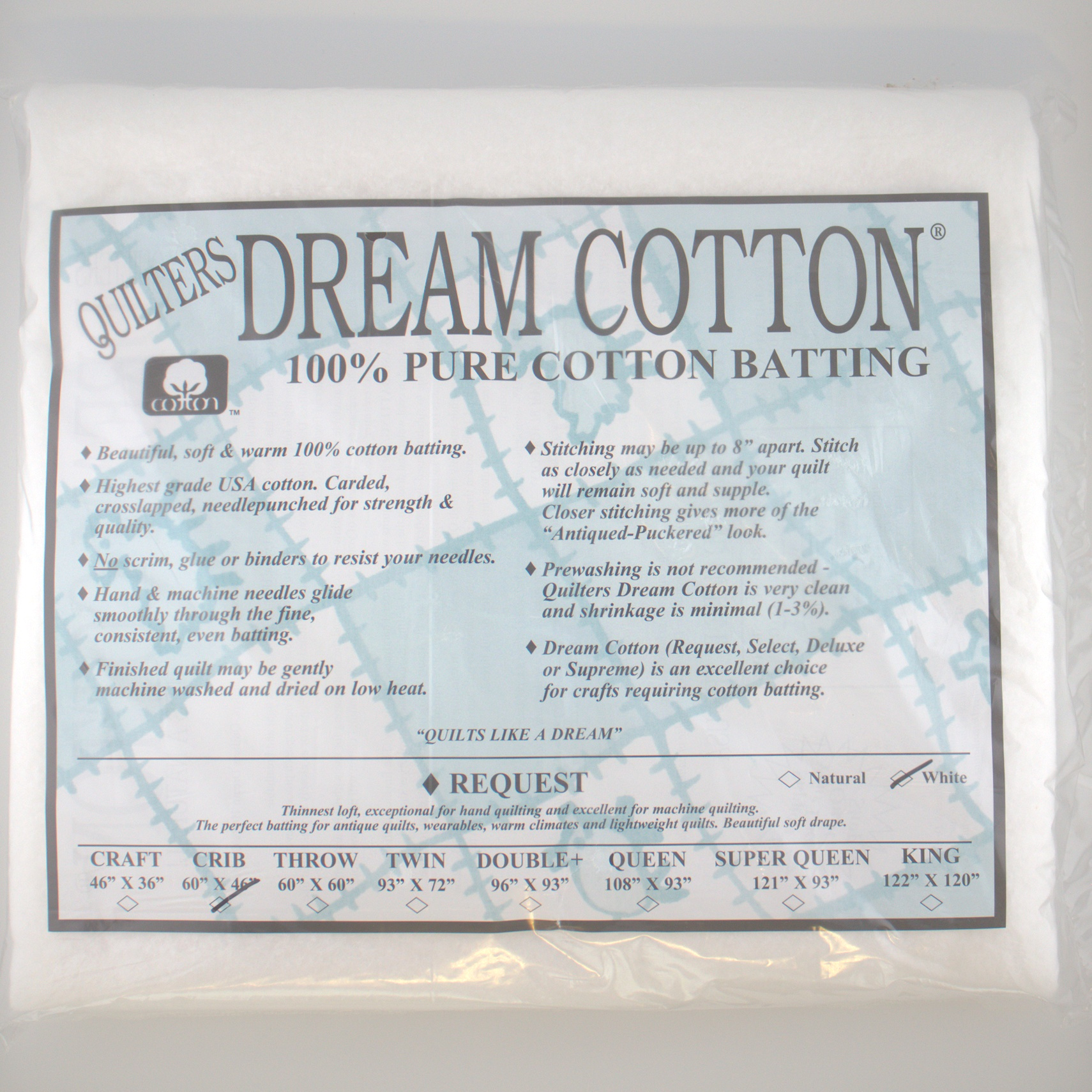 White Cotton Request - Low Loft Crib - Quilt Batting