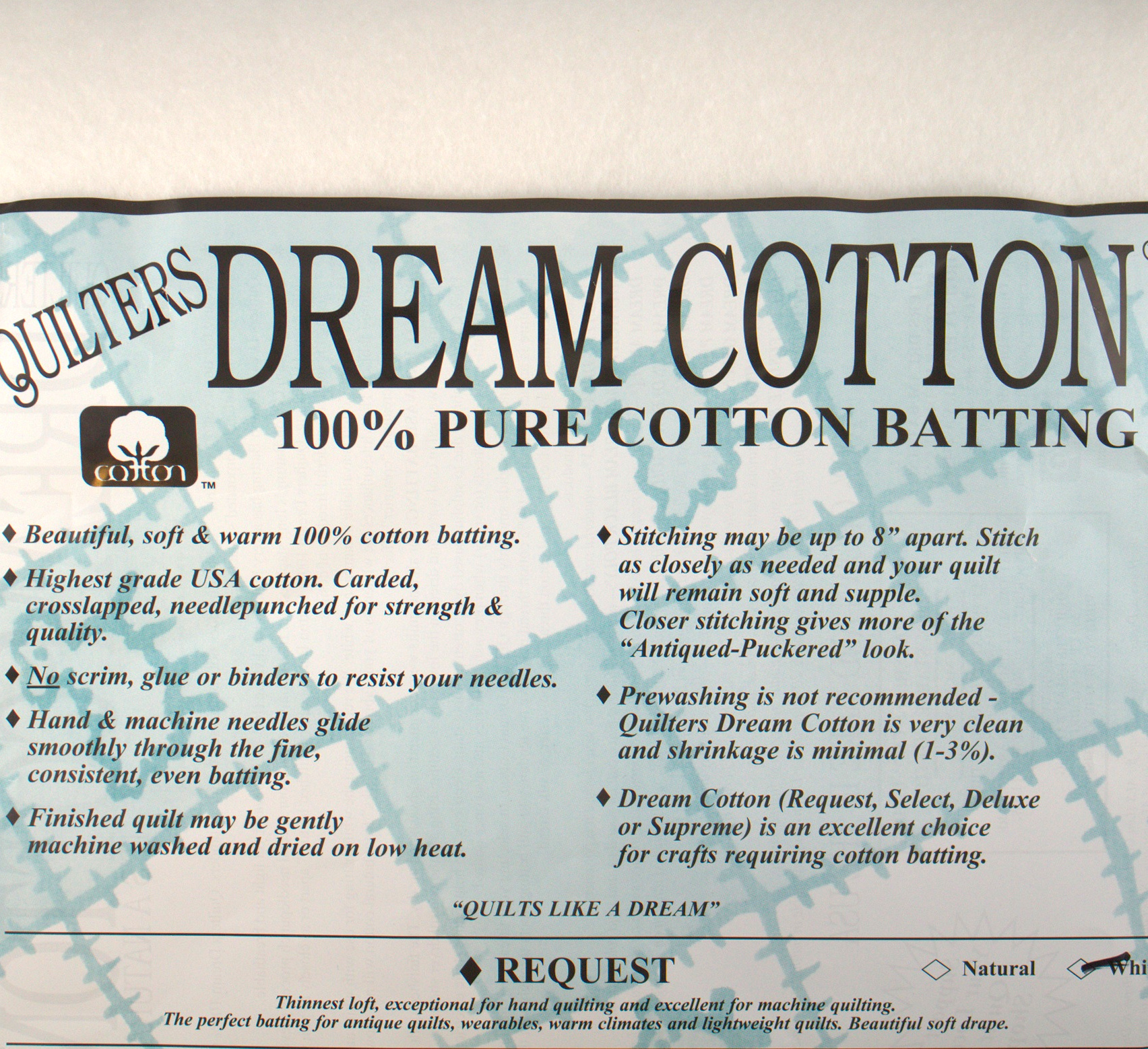 White Cotton Request - Low Loft Craft - Quilt Batting
