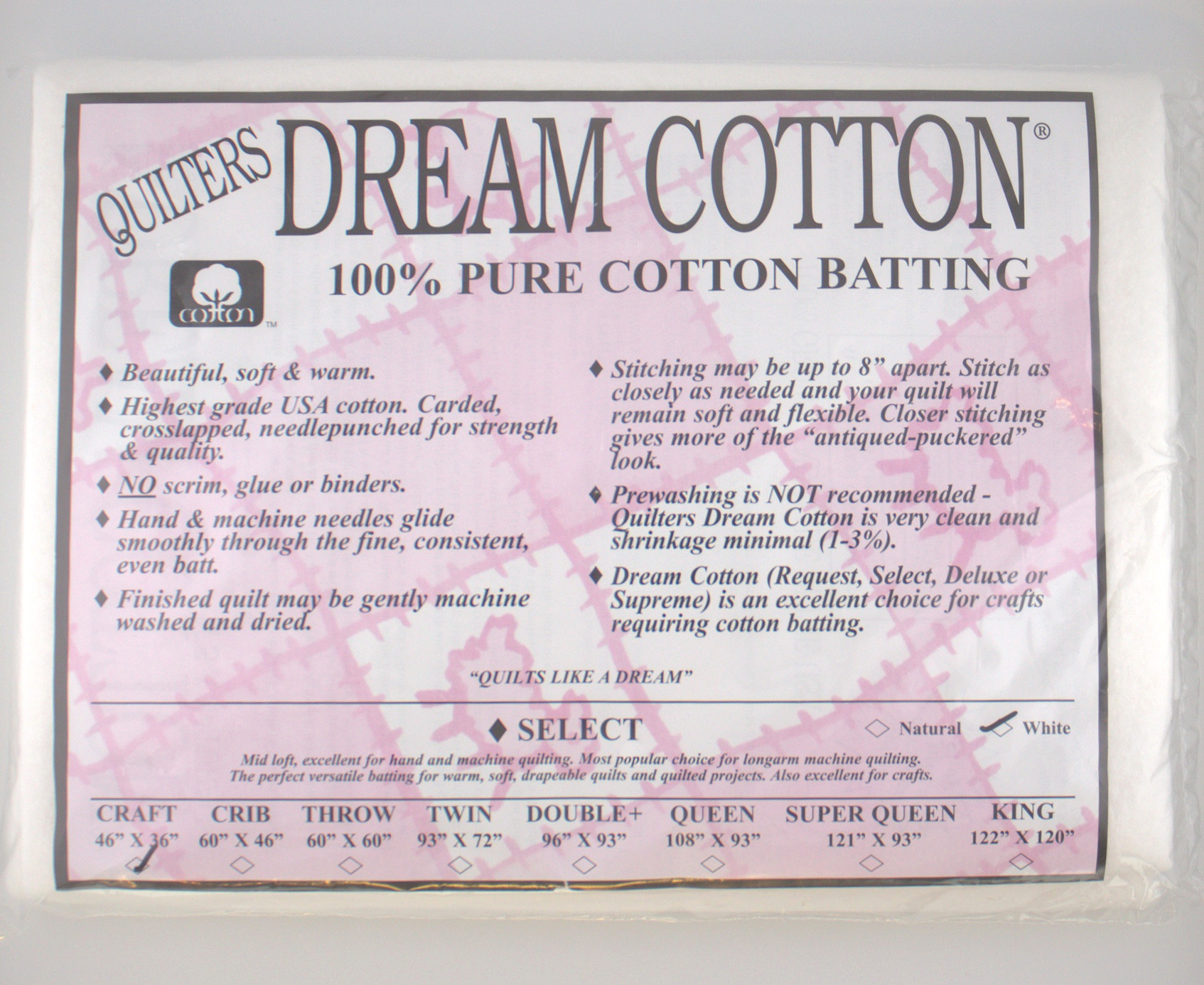 White Cotton Select - Mid Loft Crib - Quilt Batting
