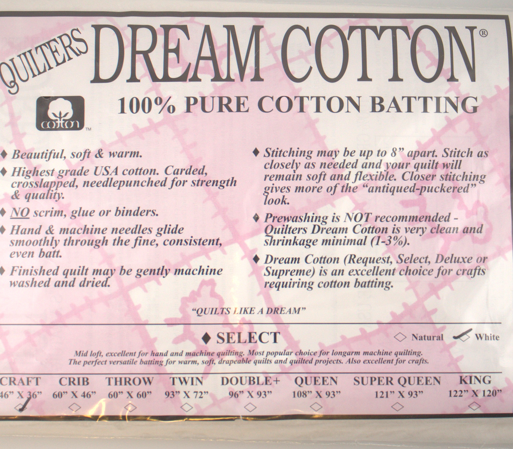 White Cotton Select - Mid Loft Craft - Quilt Batting