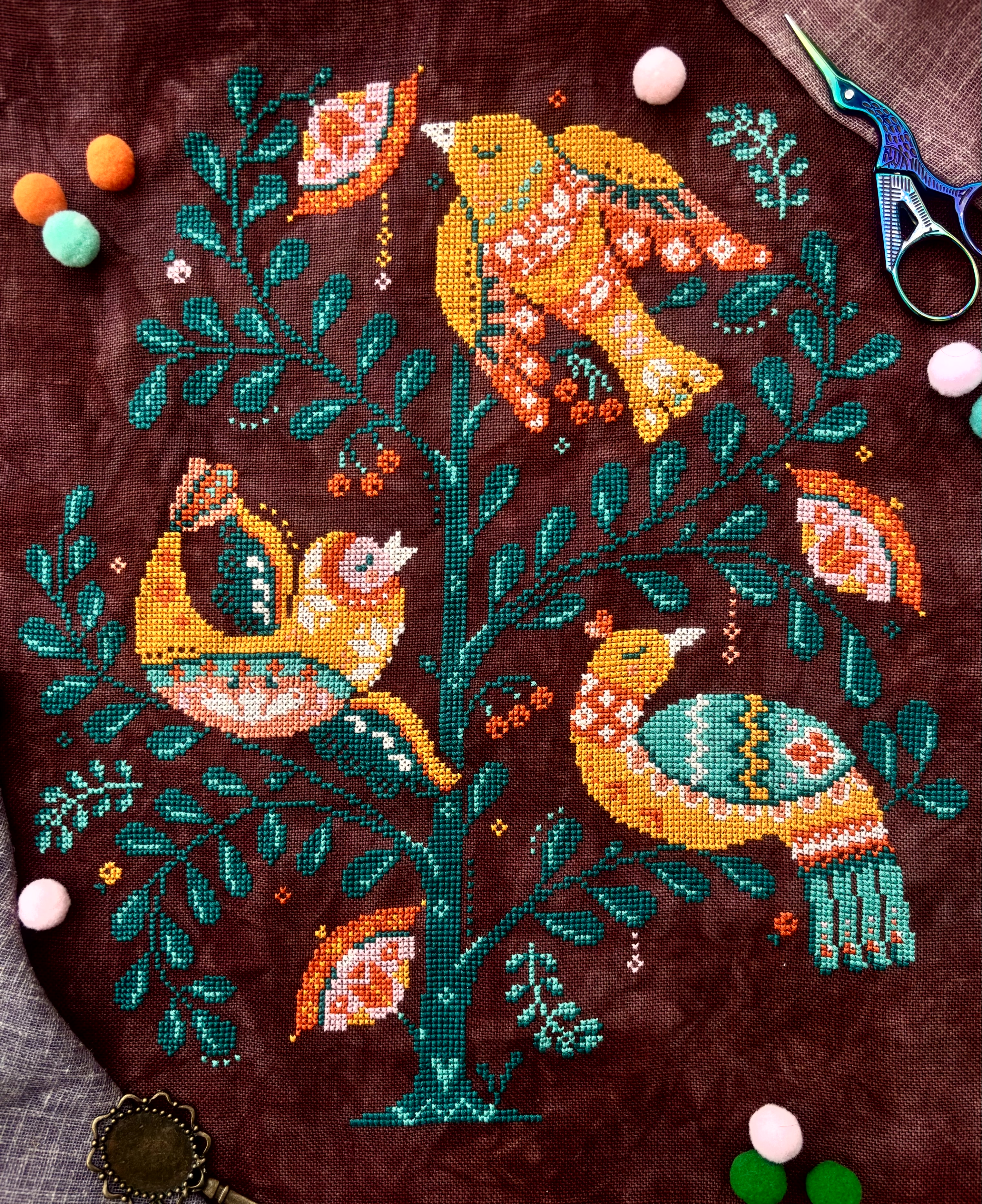Songbirds and Berries - Cross Stitch Pattern, zoomed in. Select this picture to zoom back out.