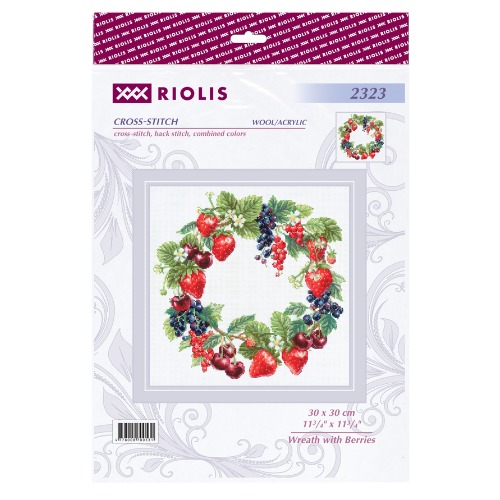 Wreath with Berries - Cross Stitch Kit, different perspective #1, zoomed in. Select this picture to zoom back out.