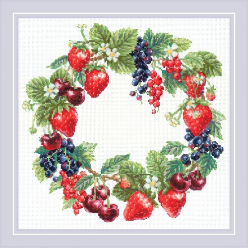 Wreath with Berries - Cross Stitch Kit, zoomed in. Select this picture to zoom back out.