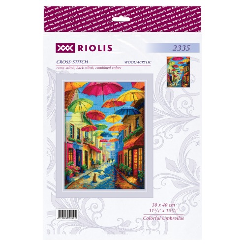 Colorful Umbrellas - Cross Stitch Kit, different perspective #1, zoomed in. Select this picture to zoom back out.