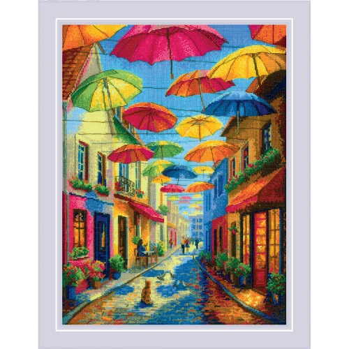 Colorful Umbrellas - Cross Stitch Kit, zoomed in. Select this picture to zoom back out.