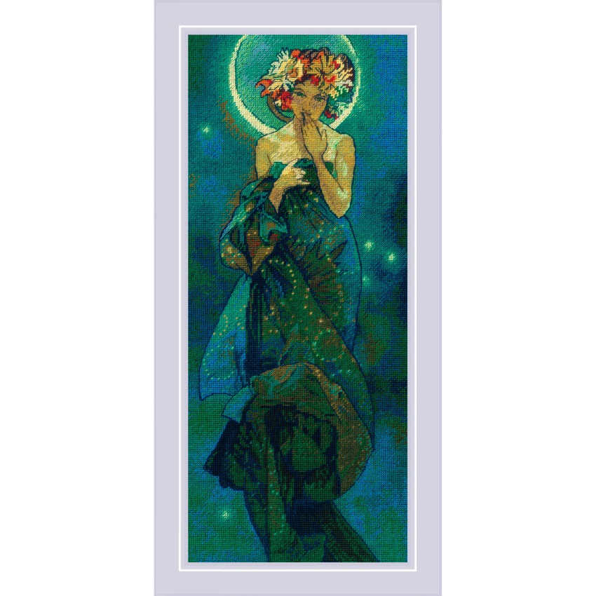 The Moon After A. Mucha's Artwork - Cross Stitch Kit, zoomed in. Select this picture to zoom back out.