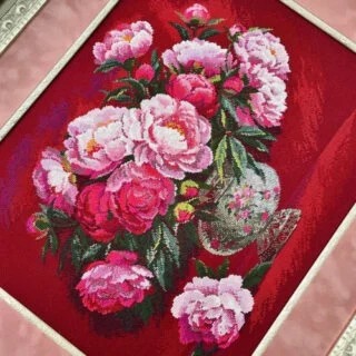 Luxurious Peonies - Cross Stitch Kit, different perspective #1, zoomed in. Select this picture to zoom back out.