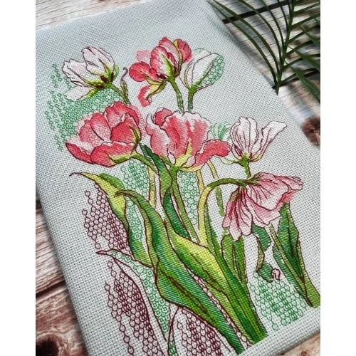 Graceful Tulips Blackwork - Cross Stitch Kit, different perspective #1, zoomed in. Select this picture to zoom back out.