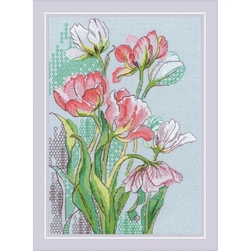 Graceful Tulips Blackwork - Cross Stitch Kit, zoomed in. Select this picture to zoom back out.
