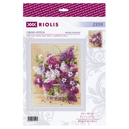 Basket of Lilacs - Cross Stitch Kit, different perspective #1, zoomed in. Select this picture to zoom back out.