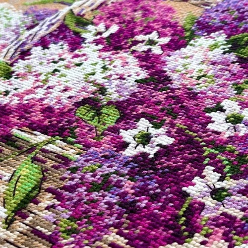 Basket of Lilacs - Cross Stitch Kit, different perspective #2, zoomed in. Select this picture to zoom back out.