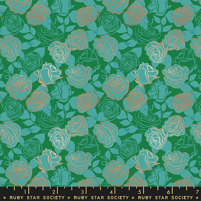 Curio Metallic Billiard - Roses Florals Flower - Fabric