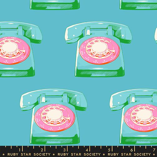 Sparkle Mart Phones Dark Turquoise - Quilt Fabric, zoomed in. Select this picture to zoom back out.