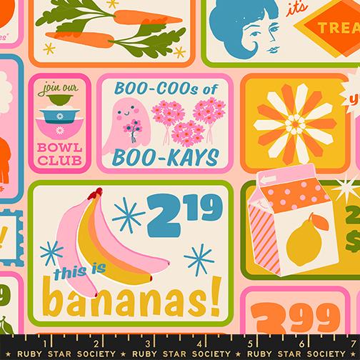 Sparkle Shopper Labels Multi - Quilt Fabric, zoomed in. Select this picture to zoom back out.