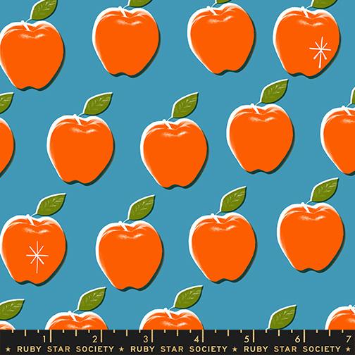 Sparkle Shopper Apples Vintage Blue - Quilt Fabric, zoomed in. Select this picture to zoom back out.