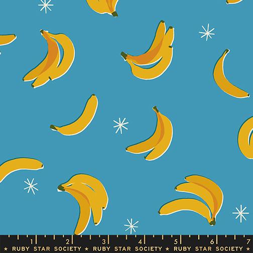 Sparkle Shopper Bananas Vintage Blue - Quilt Fabric, zoomed in. Select this picture to zoom back out.