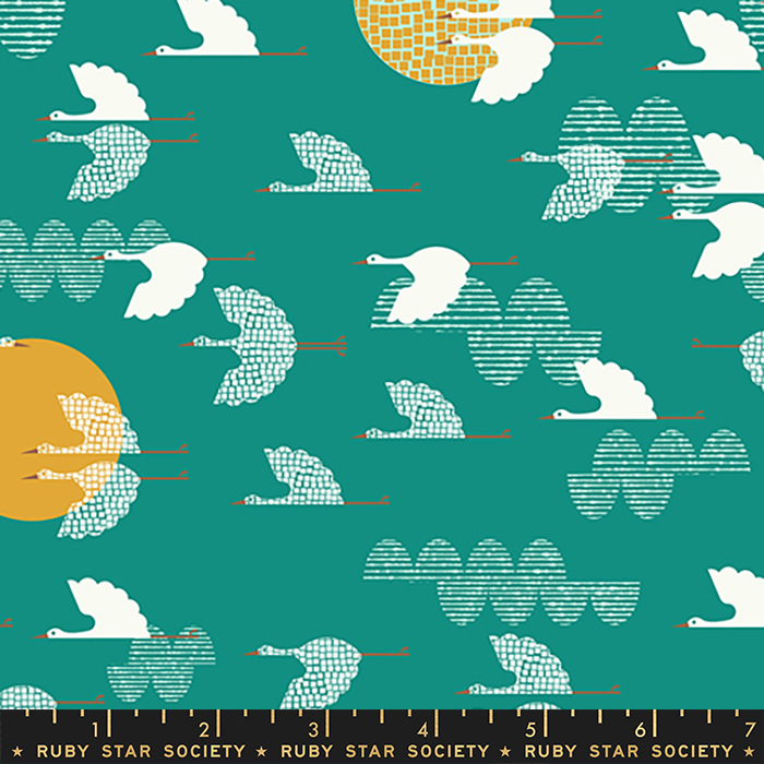 Koi Pond Aloe - 1000 Cranes Birds - Quilt Fabric