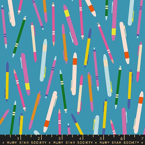 Salutations Pens Vintage Blue - Quilt Fabric