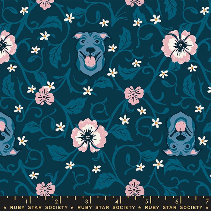 Dog Park Pitbull - Teal Navy - Quilt Fabric
