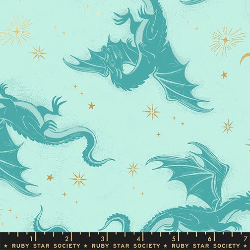 Fireglow Dragons Metallic Mint - Quilt Fabric