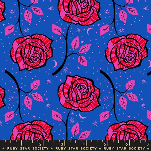 Ink Shop Rose Blue Ribbon - Quilt Fabric, zoomed in. Select this picture to zoom back out.