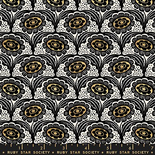 Ink Shop Flower Metallic Gold - Quilt Fabric, zoomed in. Select this picture to zoom back out.