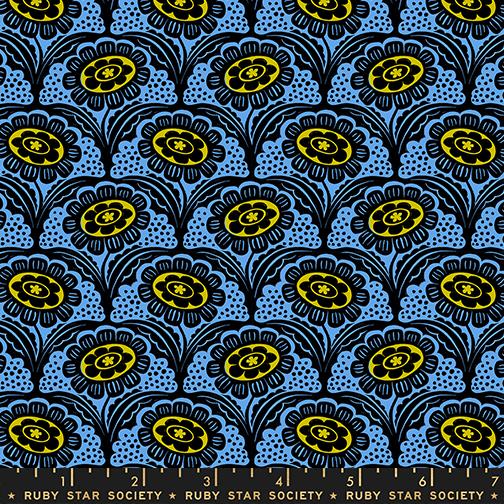 Ink Shop Flower Lindley Blue - Quilt Fabric, zoomed in. Select this picture to zoom back out.