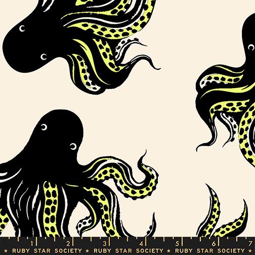 Ink Shop Octopus Canvas Neon Yellow - Quilt Fabric, zoomed in. Select this picture to zoom back out.