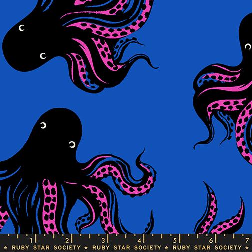 Ink Shop Octopus Canvas Blue Ribbon - Quilt Fabric, zoomed in. Select this picture to zoom back out.