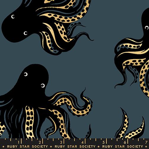 Ink Shop Octopus Canvas Metallic Smoke - Quilt Fabric, zoomed in. Select this picture to zoom back out.