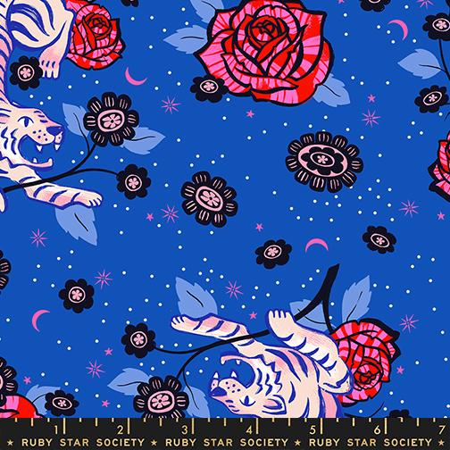 Ink Shop Tigers Blue Ribbon - Quilt Fabric, zoomed in. Select this picture to zoom back out.